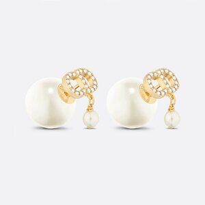 Dior Tribales Gold CC Crystal Double Face Pearl Piercing Earrings
